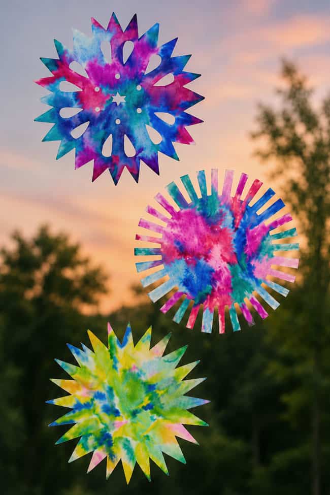 Coffee Filter Fireworks Craft Different shapes of coffee filter fireworks used as suncatchers on a window