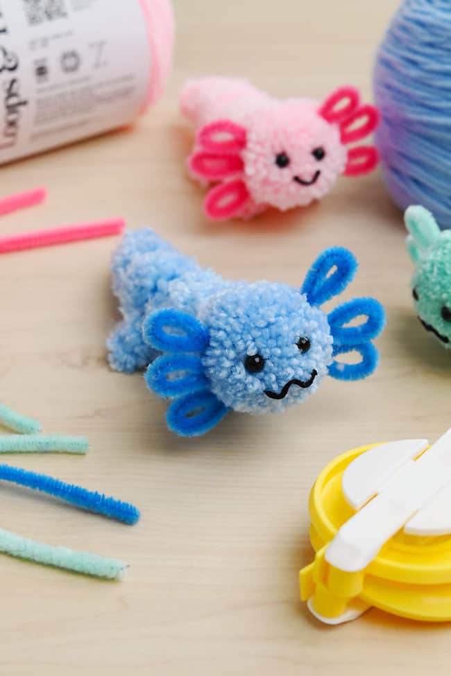 Cute Axolotl Craft Focus on a cute blue axolotl with pom pom makers and pipe cleaners