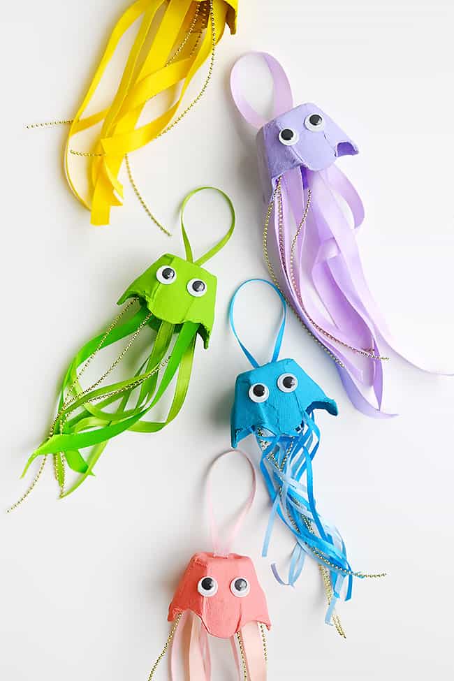 Egg Carton Ocean Animal Craft Group of jellyfish crafts on a white background