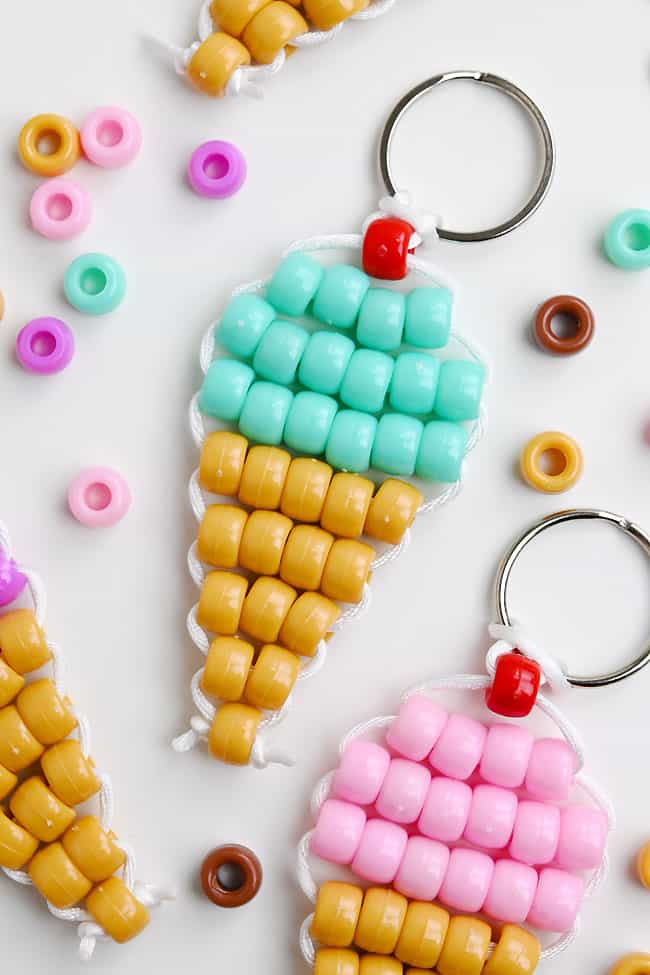 Ice Cream Cone Pony Bead Keychain Closeup on a mint green ice cream cone pony bead keychain