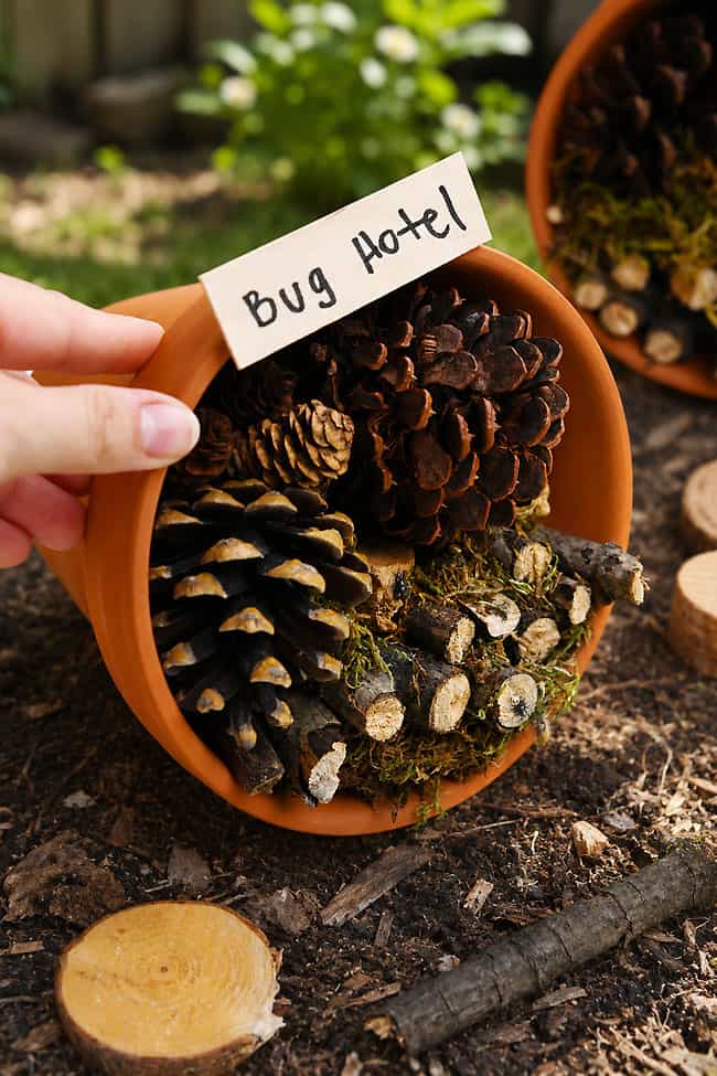 Insect Hotel Bug hotel in a clay pot being set outside