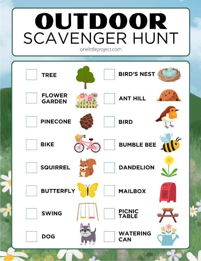 Outdoor Scavenger Hunt Ideas Colorful printable checklist for an outdoor scavenger hunt