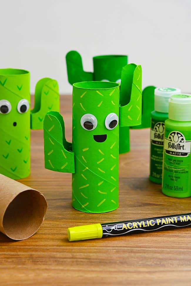Paper Roll Cactus Craft Group of paper roll cacti with craft supplies to make them