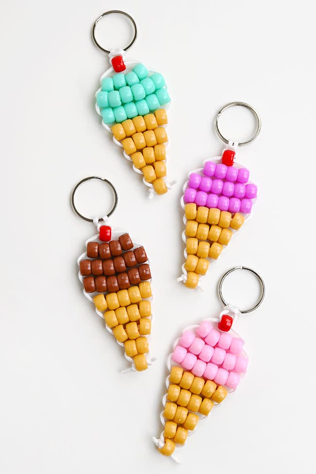 Pony Bead Ice Cream Cones Different colours of pony bead ice cream cones on a white background