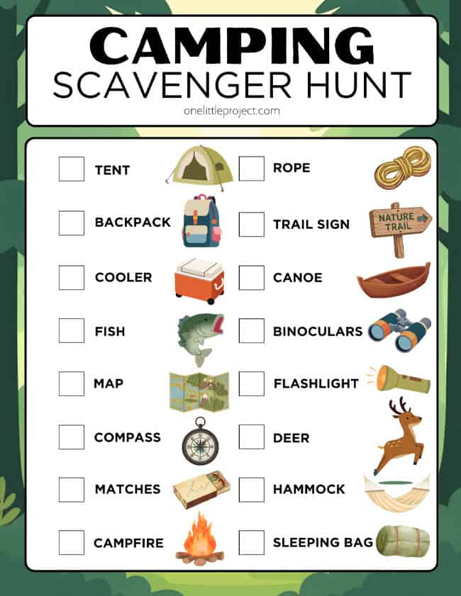 Printable Camping Scavenger Hunt Colourful camping scavenger hunt checklist