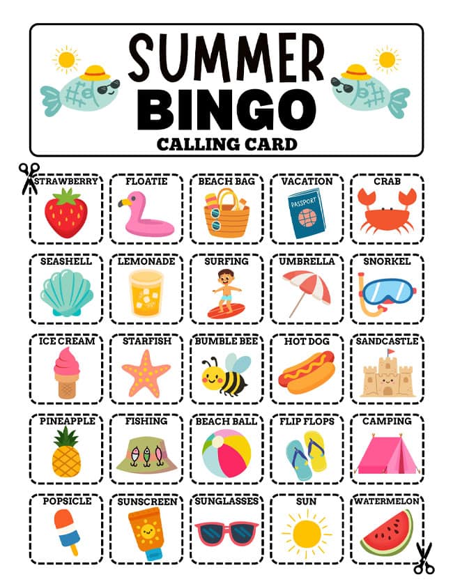 Summer Bingo Calling Card Printable calling card for summer bingo game