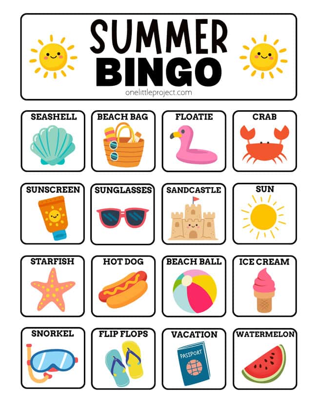 Summer Bingo for Kids Low-ink cards for summer bingo