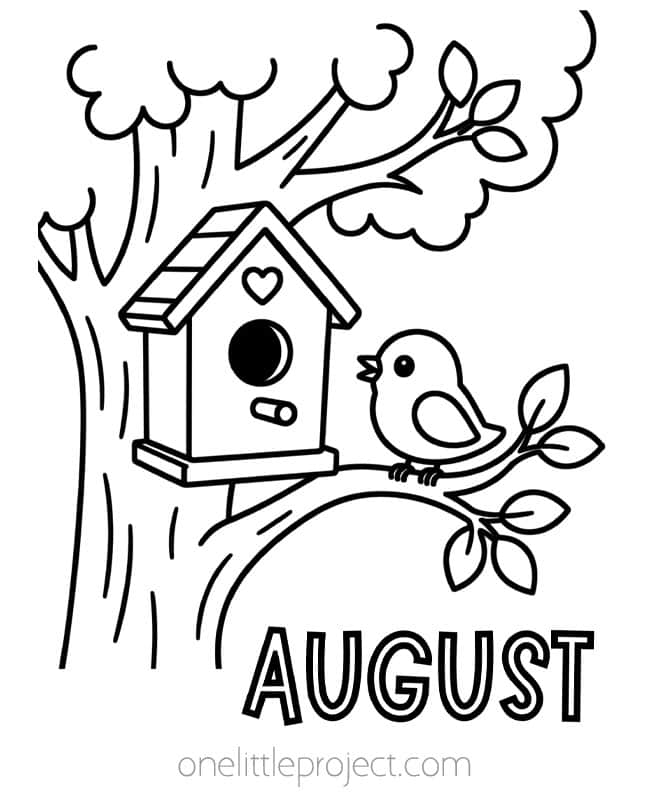 August Coloring Pages August Coloring Pages - birdhouse in a tree