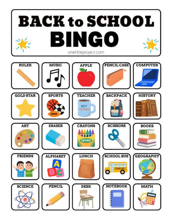 Back to School Bingo Cards Low ink version of the 5x5 bingo cards for back to school