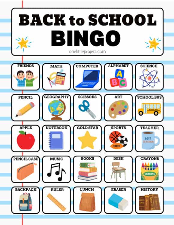Back to School Bingo Free Bingo for elementary school students