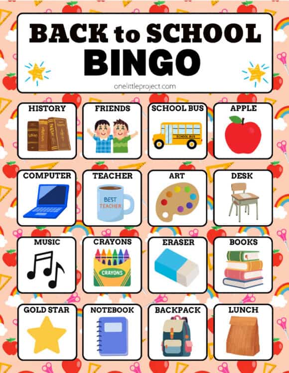 Back to School Bingo Printable Colorful back to school bingo card