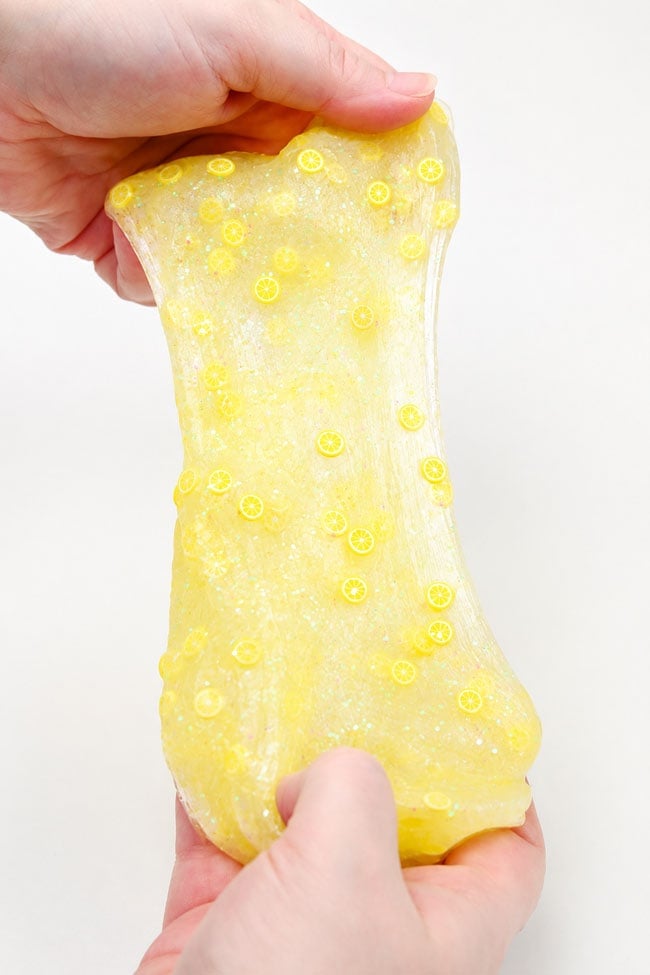 Clear Lemonade Slime Stretching lemonade slime made with clear glue
