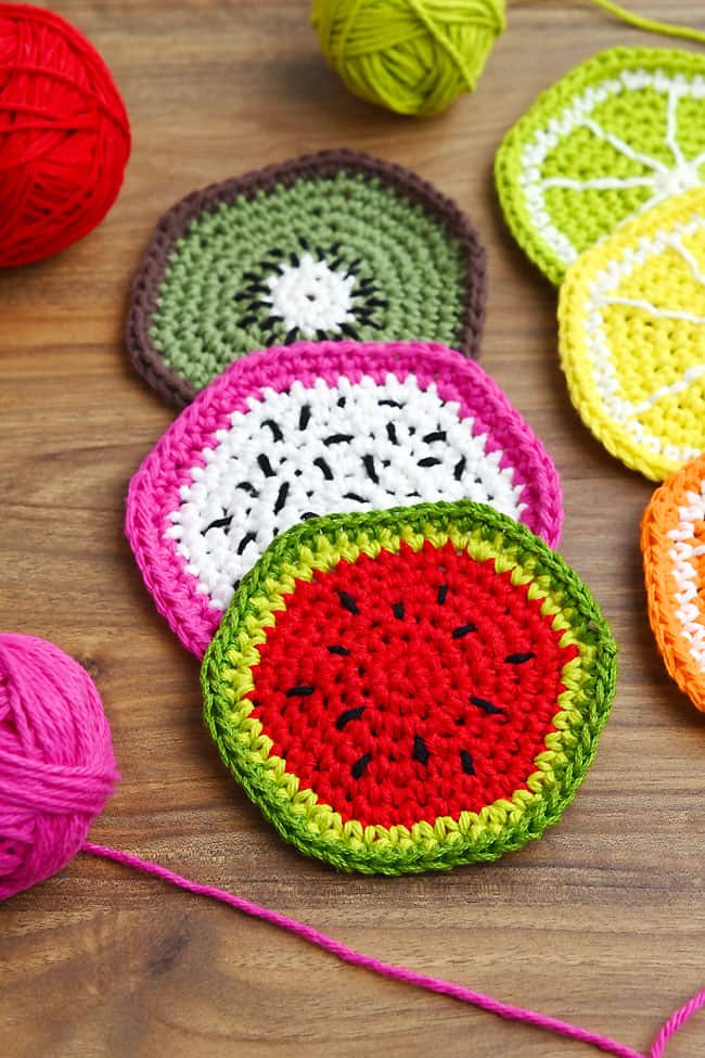 Crochet Fruit Coasters Free Pattern Pile of crochet fruit coasters made with our free pattern