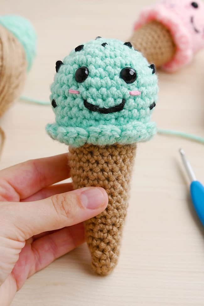 Crochet Ice Cream Amigurumi Closeup on a chocolate mint crochet ice cream amigurumi stuffie