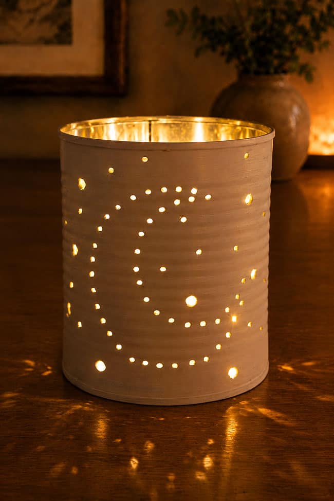 DIY Tin Can Lanterns Closeup on a tin can lantern with a moon and stars pattern