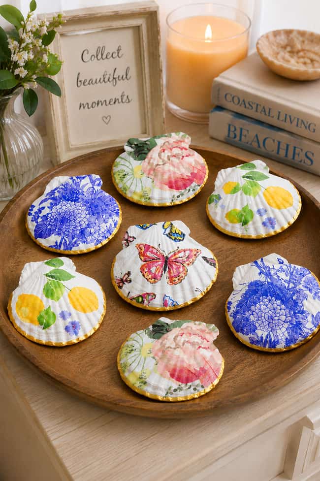 Decoupage Shells Decoupage shells displayed on a tray