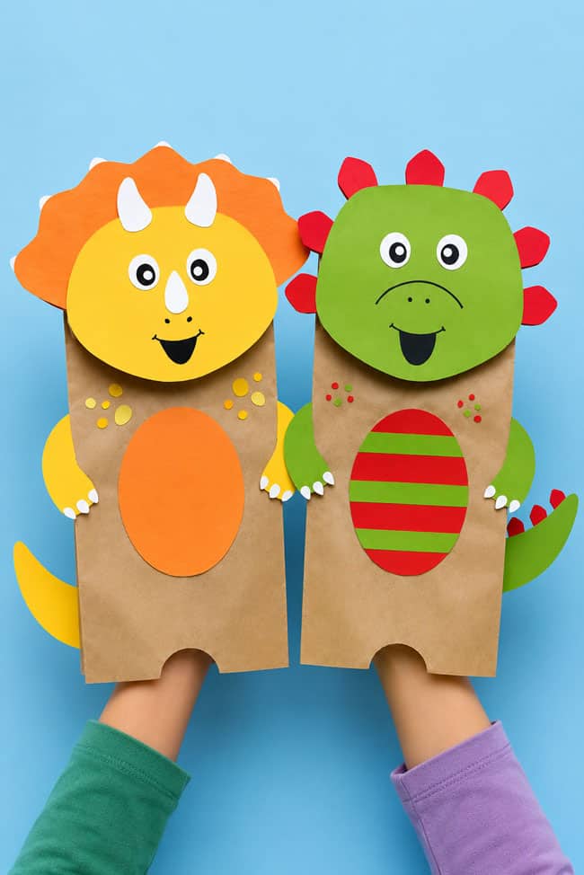 Dinosaur Paper Bag Puppet Paper bag dinosaur puppets made like a triceratops and a stegosaurus
