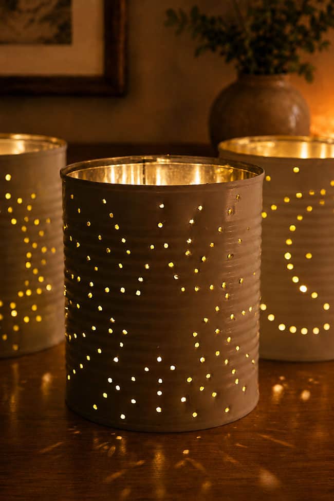 Easy Tin Can Lantern Patterns Star pattern tin can lantern displayed in a living room