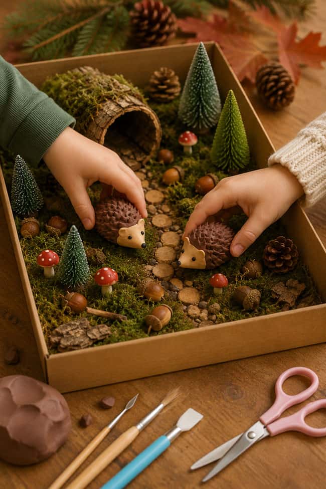 Hedgehog Polymer Clay Playing with clay hedgehogs in a cute fall sensory play area