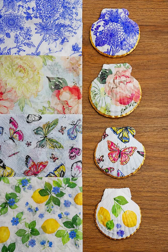 How to Decoupage Shells Decoupage shells with patterned napkins