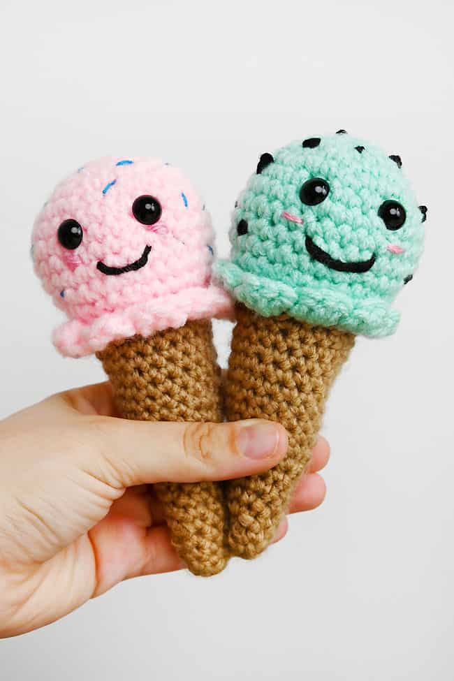 Ice Cream Cone Crochet Pattern Holding crochet ice cream cones strawberry sprinkles and mint chocolate chip