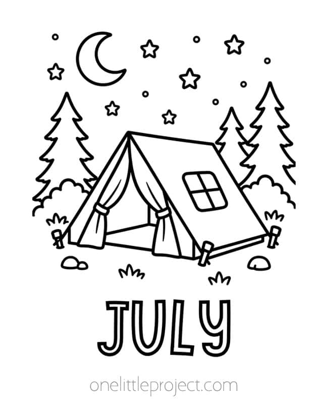 July Coloring Page July Coloring Page - tent in the woods