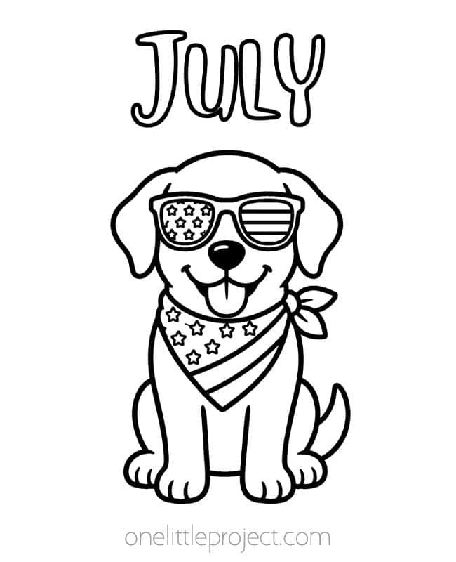July Coloring Pages July Coloring Pages - golden retriever dog wearing USA themed bandana and sunglasses