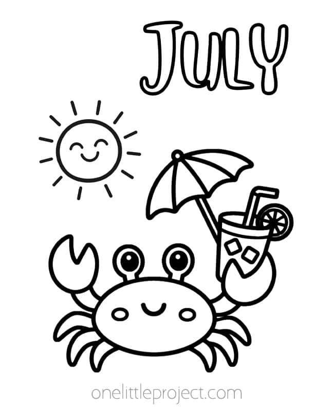 July Coloring Sheets July Coloring Sheets - crab with cold drink