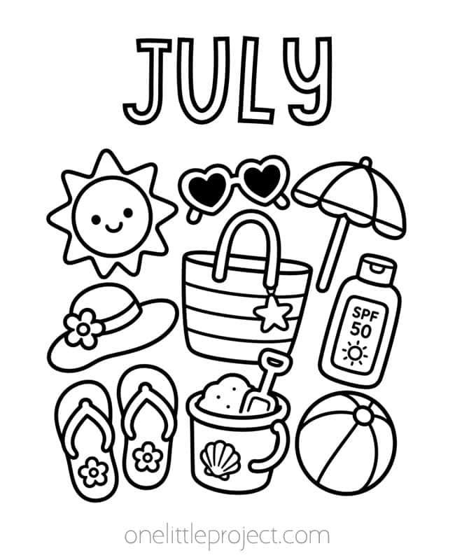 July Coloring Sheets July Coloring Sheets - supplies for a beach day