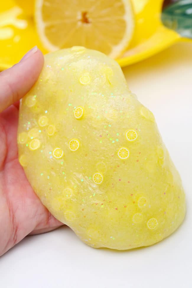 Lemon Slime Closeup on glitter slime with clay lemon slices