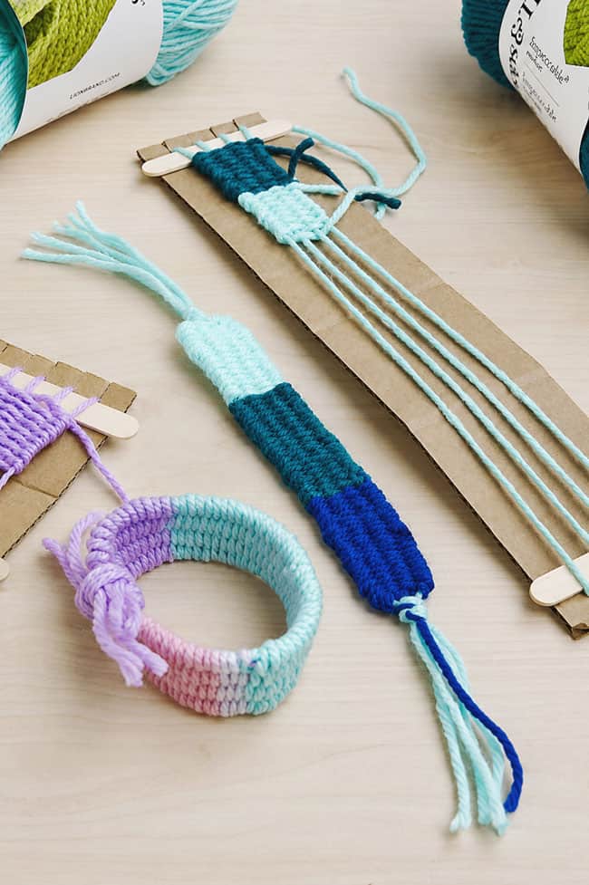 Cardboard Loom Weaving Making cute summer camp crafts with yarn and recycled cardboard