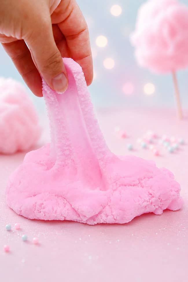 Cotton Candy Slime Recipe Stretching up textured cotton candy slime