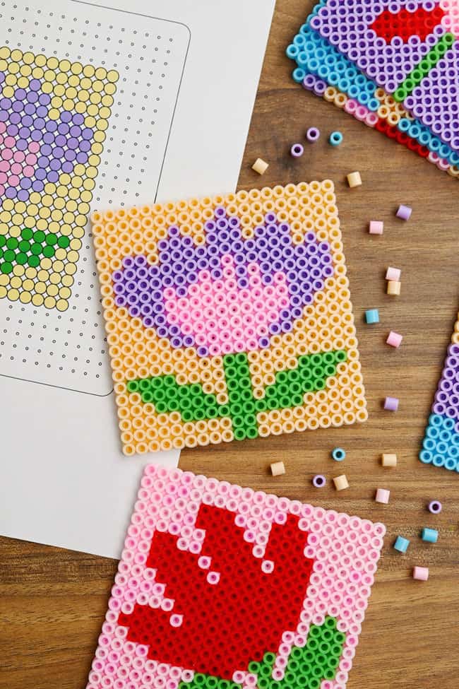 Cute Perler Bead Coasters Flower design Perler bead coasters with craft supplies to make more