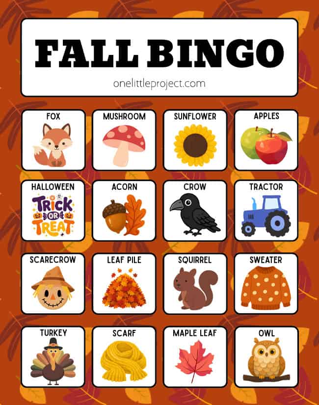 Fall Bingo Board Family bingo game for autumn