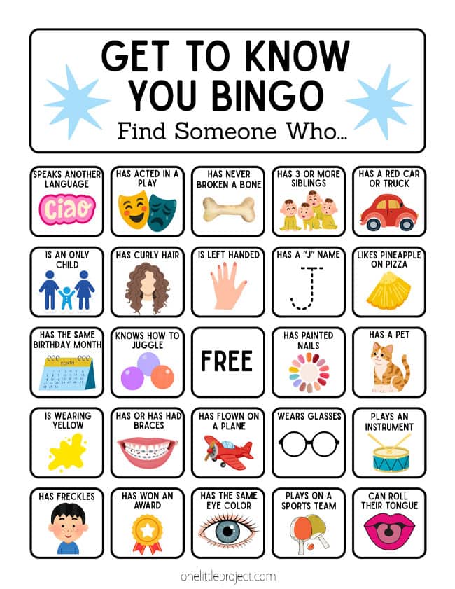 Getting to Know You Bingo Printable card for getting to know you bingo