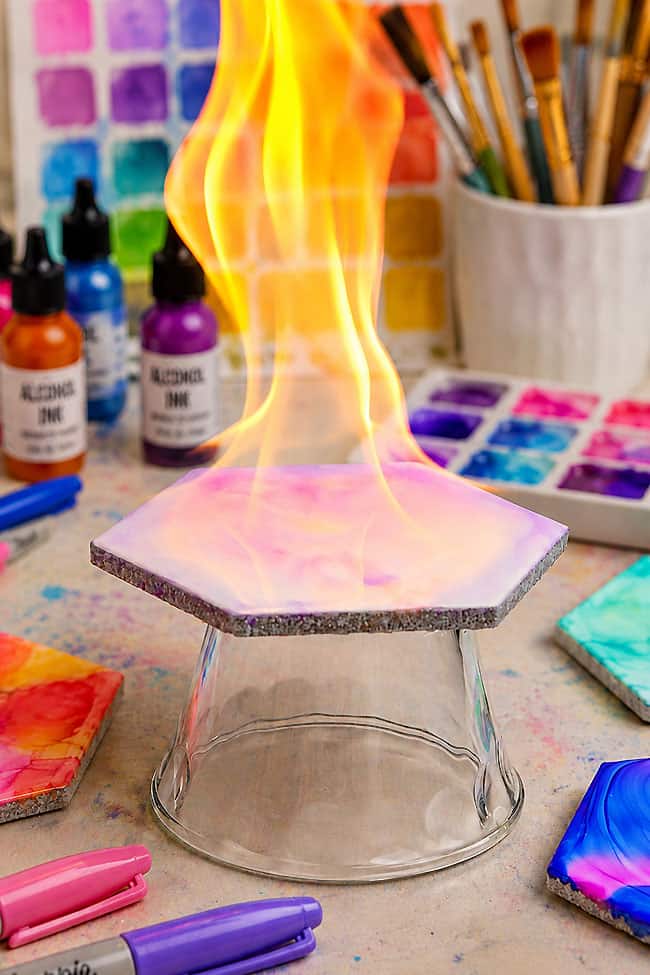 How to Make Fire Art Tile Coasters Pink and purple tile coaster pattern made with fire
