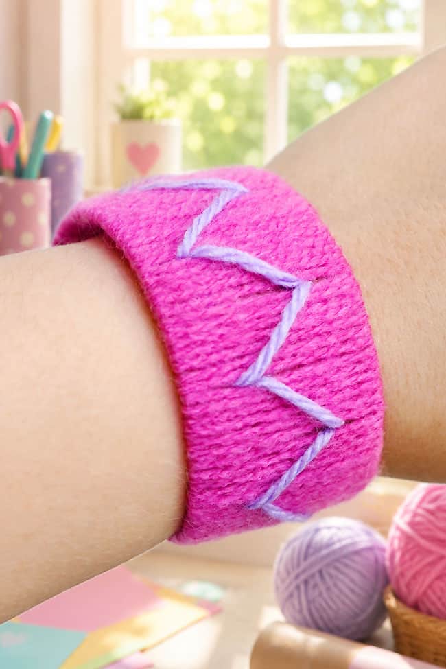 Paper Roll Bracelets Closeup on wearing a pink and purple paper roll bracelets