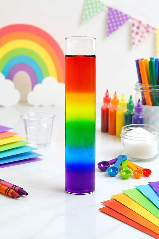 Rainbow Density Tower Rainbow science experiment with colorful rainbow details