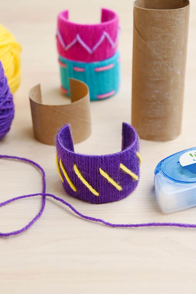 Toilet Paper Roll Bracelets Kids bracelet craft with yarn and toilet paper rolls