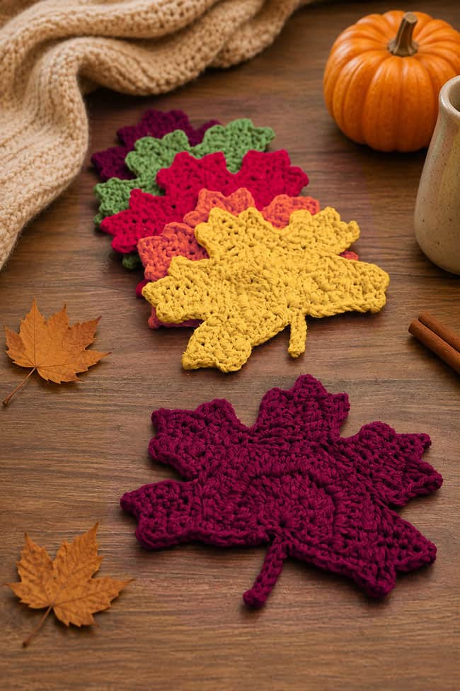 Crochet Maple Leaf Coaster Fall maple leaf coasters made with crochet