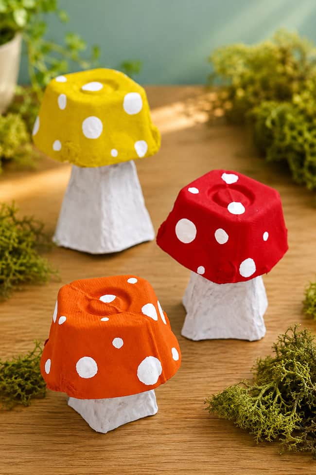 Egg Carton Mushroom Craft Egg carton mushroom craft with red, orange, and yellow spotted caps