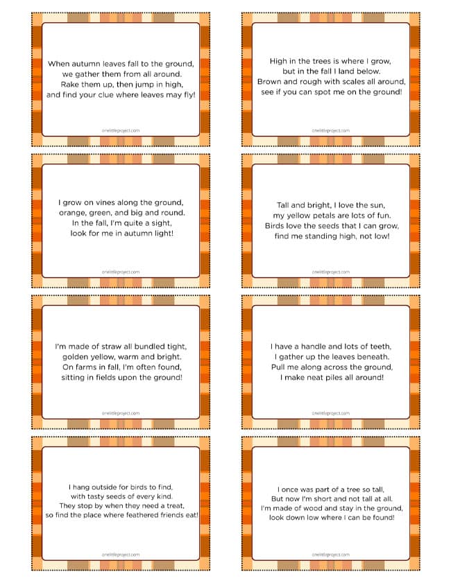 Clues and riddles for a fall scavenger hunt