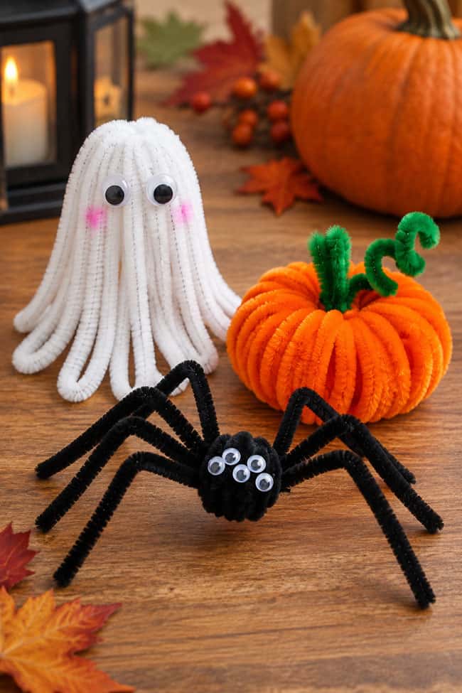 Cute pipe cleaner spider, pumpkin, and ghost on display