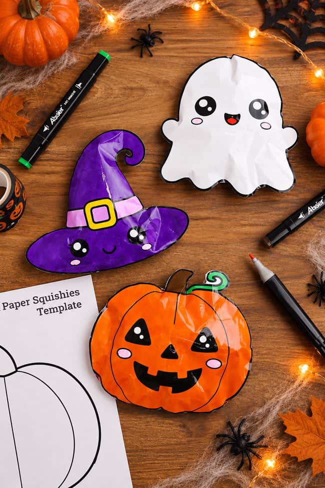 Paper Squishy Ideas Halloween Ghost, witch hat, and jack-o-lantern squishies for Halloween