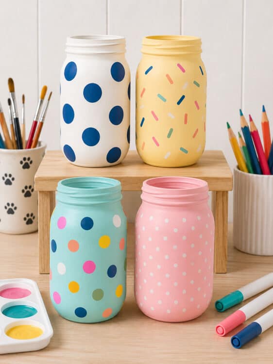 Painted Mason Jar Ideas Polka Dot and Confetti Painted Mason Jars