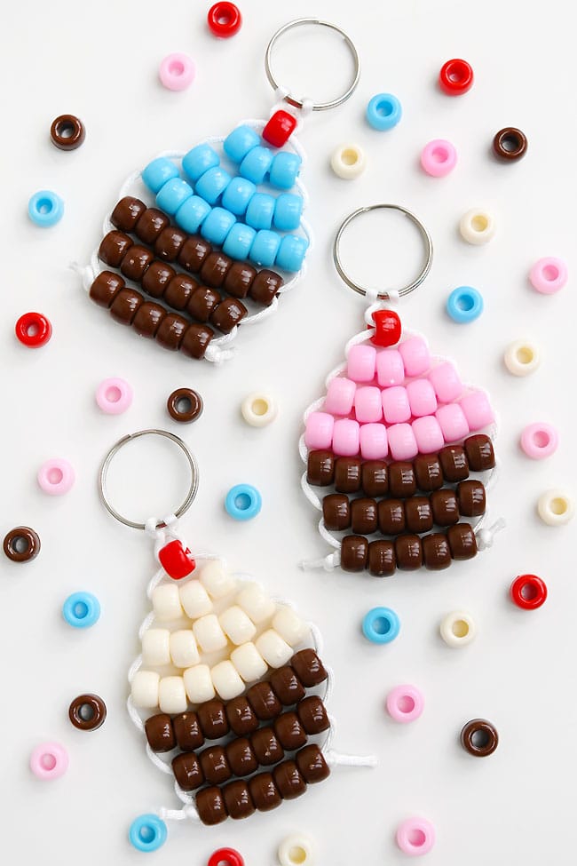 Pony Bead Cupcake Keychain Pony bead cupcakes with with blue, pink, and white frosting