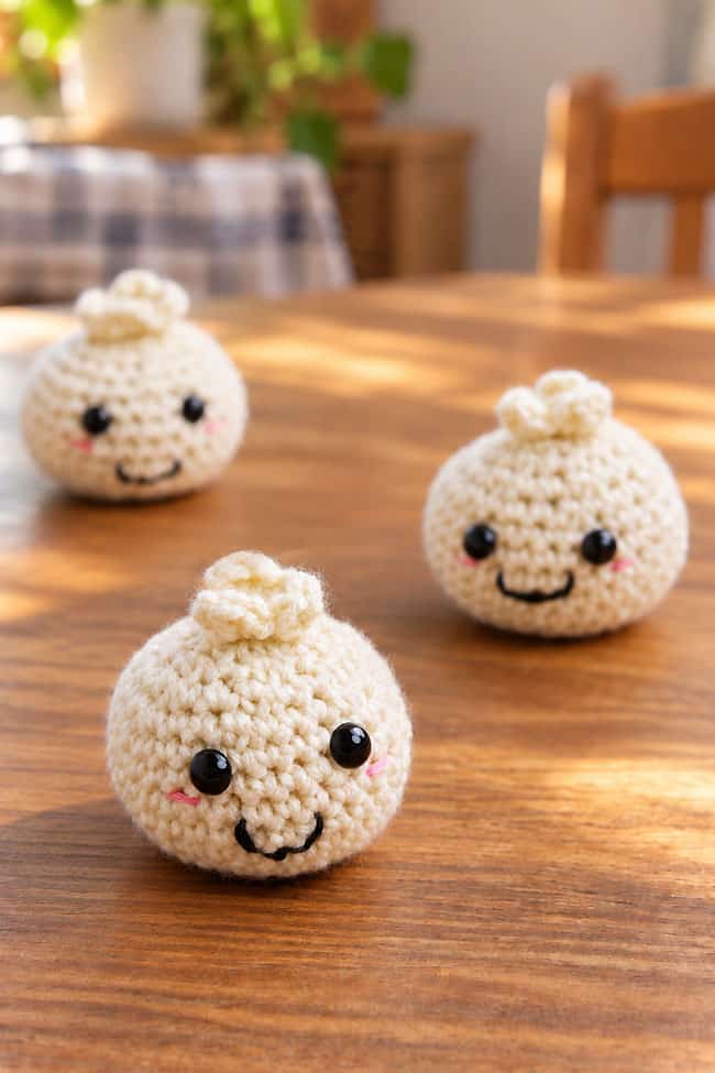 Bao Bun Crochet Pattern Group of crochet dumplings made with our free pattern