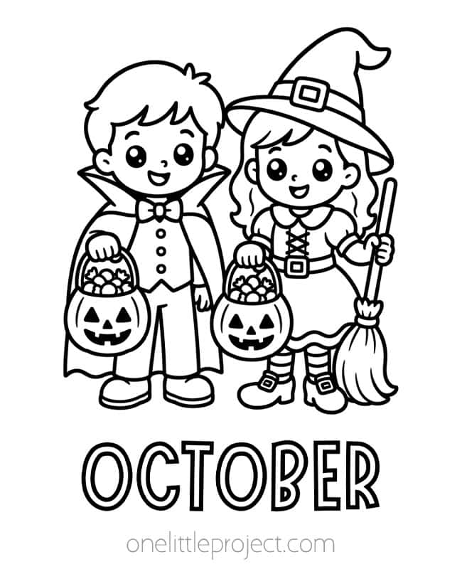 Coloring Pages for October Coloring Pages for October - kids trick-or-treating dressed as a vampire and witch