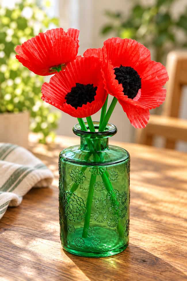 Cupcake Liner Poppies Pretty poppy craft displayed in a vase