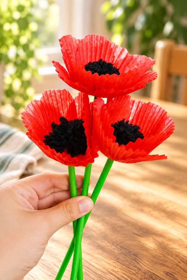 Cupcake Liner Poppy Craft Holding a small bouquet of cupcake liner poppies